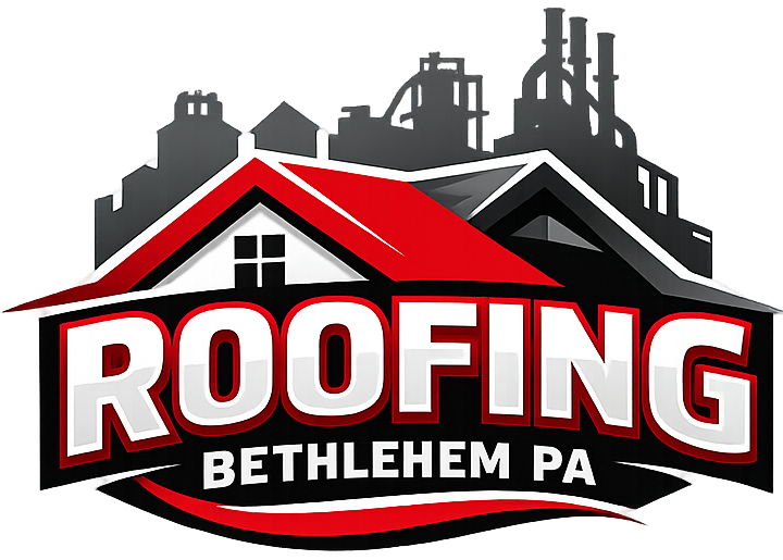 Logo features red, black, and gray rooftops over a city and industrial skyline. Bold white and red text says Roofing Bethlehem PA. - Roofing Bethlehem PA