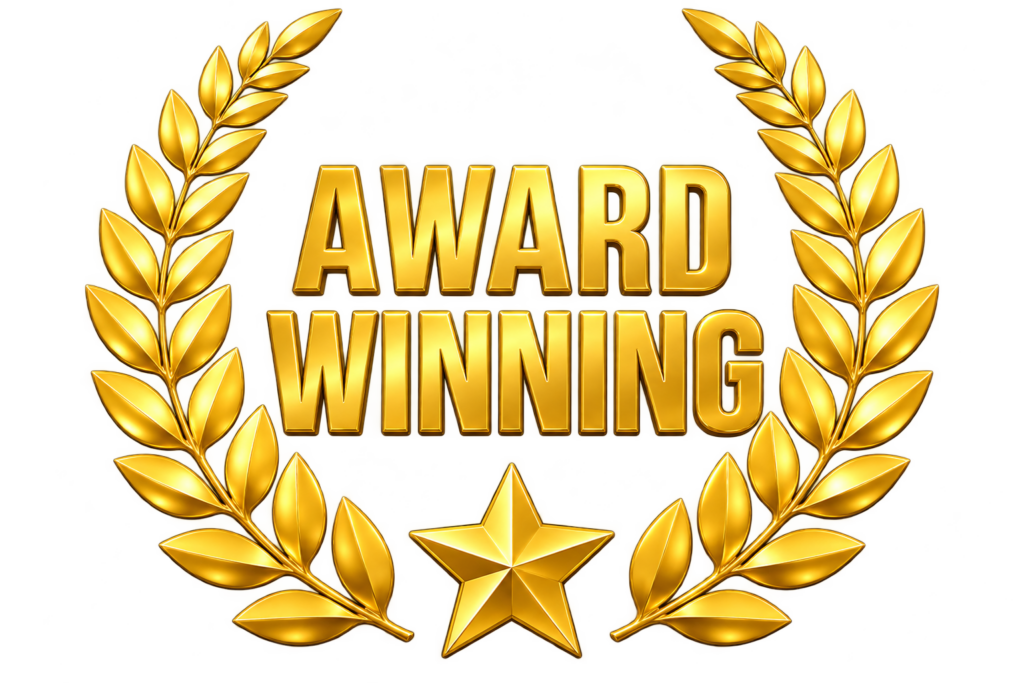 Gold laurel wreath shaped like a sturdy roofline, with a gold star at the base like a roofing seal, and bold gold lettering in the center that says AWARD WINNING, all shown on a white background. - Roofing Bethlehem PA