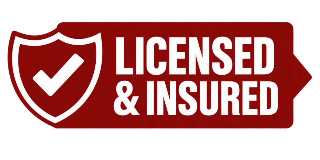 A solid red badge featuring a white shield and check mark sits next to big, bold white letters reading Licensed Insured on a sturdy rectangular background—just like the sign you want to see before anyone climbs your roof. - Roofing Bethlehem PA