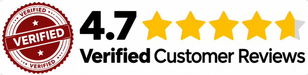 A solid red Verified badge sits beside bold lettering that reads 4.7 Verified Customer Reviews, topped off with four bright yellow stars and a half star—just like a sturdy roof job done right—all set on a clear, transparent background. - Roofing Bethlehem PA