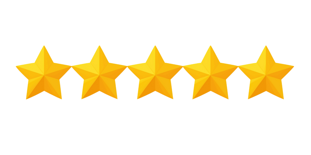 Five bright yellow stars lined up side by side on a white background, just like a perfectly nailed shingle row, showing a top-rated five-star job. - Roofing Bethlehem PA