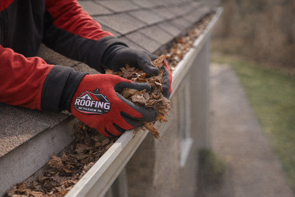 A worker in red and black roofing gloves cleans out dried leaves from a gutter along a pitched roof. You can see the walkway and lawn below in the background. - Roofing Bethlehem PA